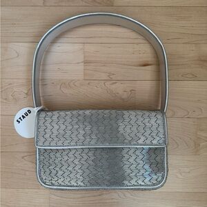 STAUD Silver Quilted Shoulder Bag with Curved Handle